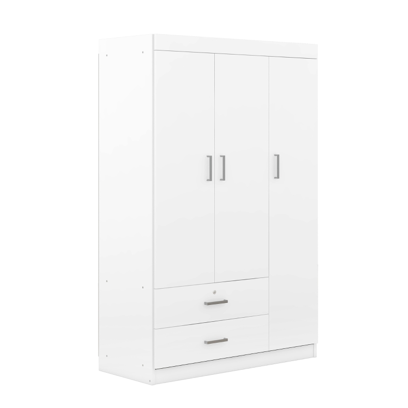 3-Door Wardrobe with 2 Drawers and MDF Construction, Modern Design with Shelves and Hanging Rail, 41.5" L x 18.5" W x 68" H, White