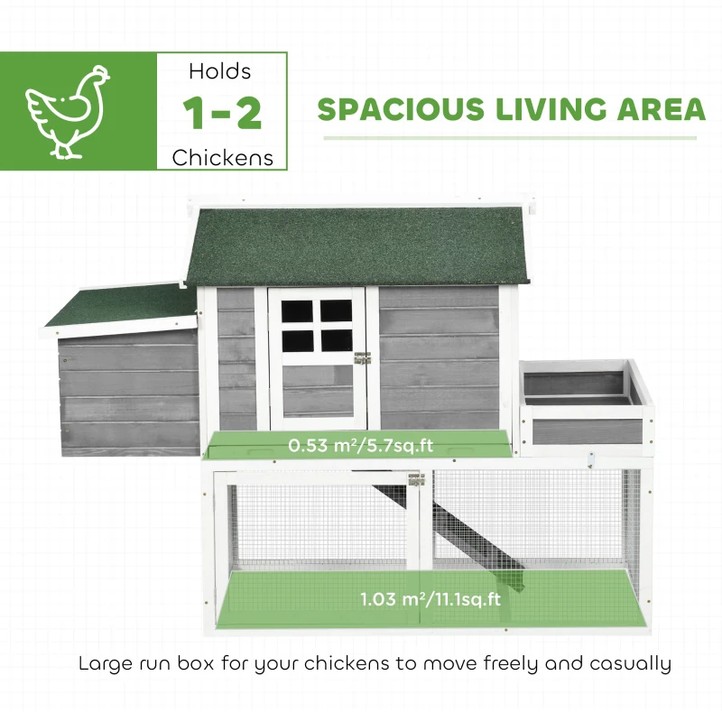 PawHut Wooden Chicken Coop for Outdoor Backyard with Raised Garden Bed, Run Area, Nesting Box Removable Tray, Gray