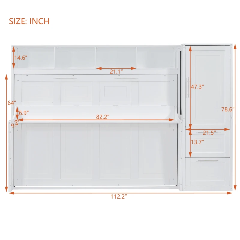 Queen Size Murphy Bed with Side Flip, Closet and Drawers, Space-saving Wall Bed with Integrated Storage, 112" L x 21.5" W x 78.5" H, White