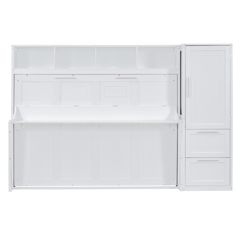 Queen Size Murphy Bed with Side Flip, Closet and Drawers, Space-saving Wall Bed with Integrated Storage, 112" L x 21.5" W x 78.5" H, White