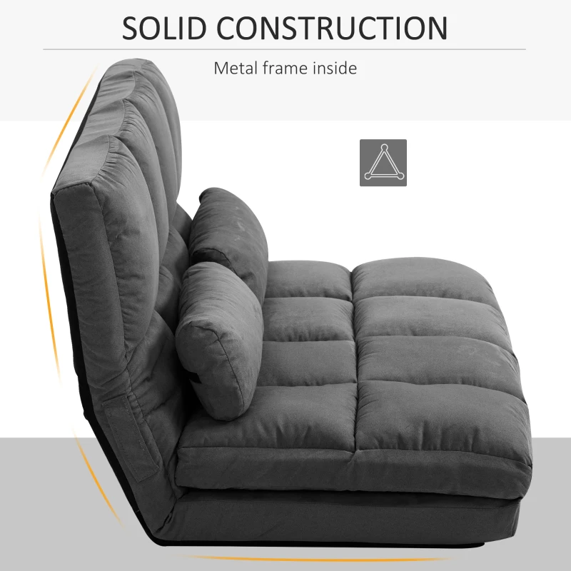 HOMCOM Convertible Recliner Sofa, Folding Floor Sofa Chair with Adjustable Backrest and Headrest, Dark Gray