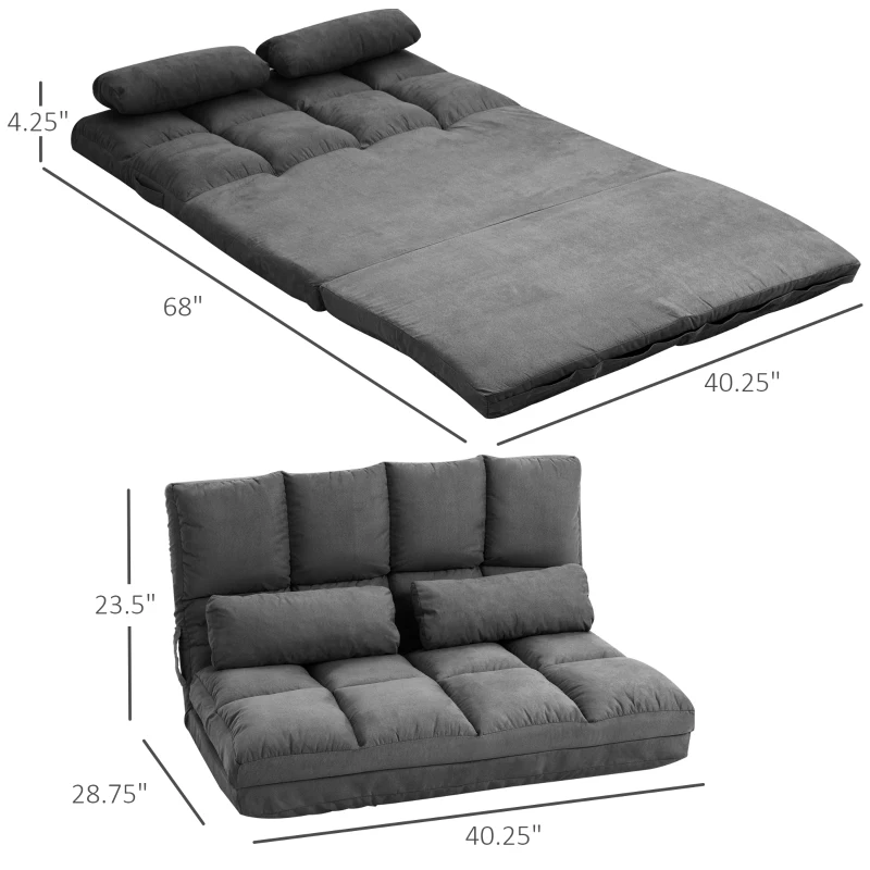 HOMCOM Convertible Recliner Sofa, Folding Floor Sofa Chair with Adjustable Backrest and Headrest, Dark Gray