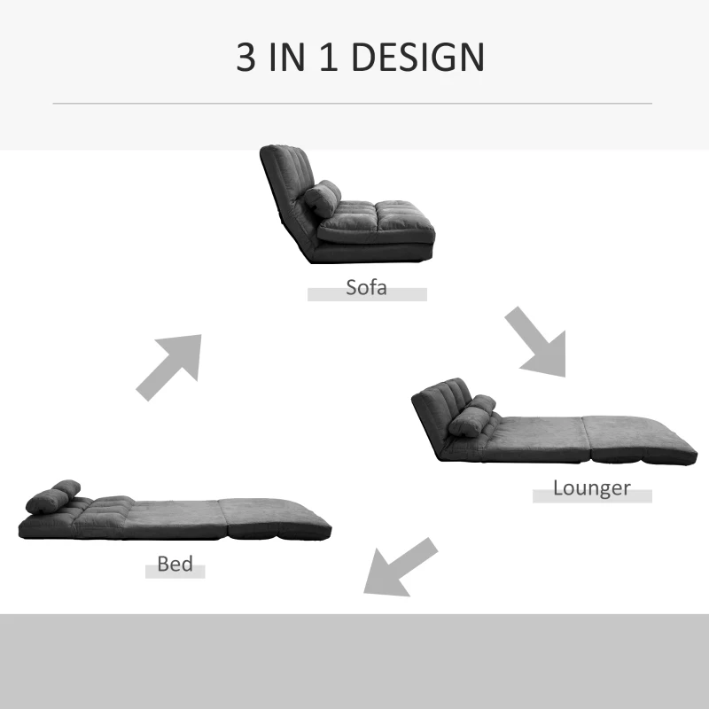 HOMCOM Convertible Recliner Sofa, Folding Floor Sofa Chair with Adjustable Backrest and Headrest, Dark Gray