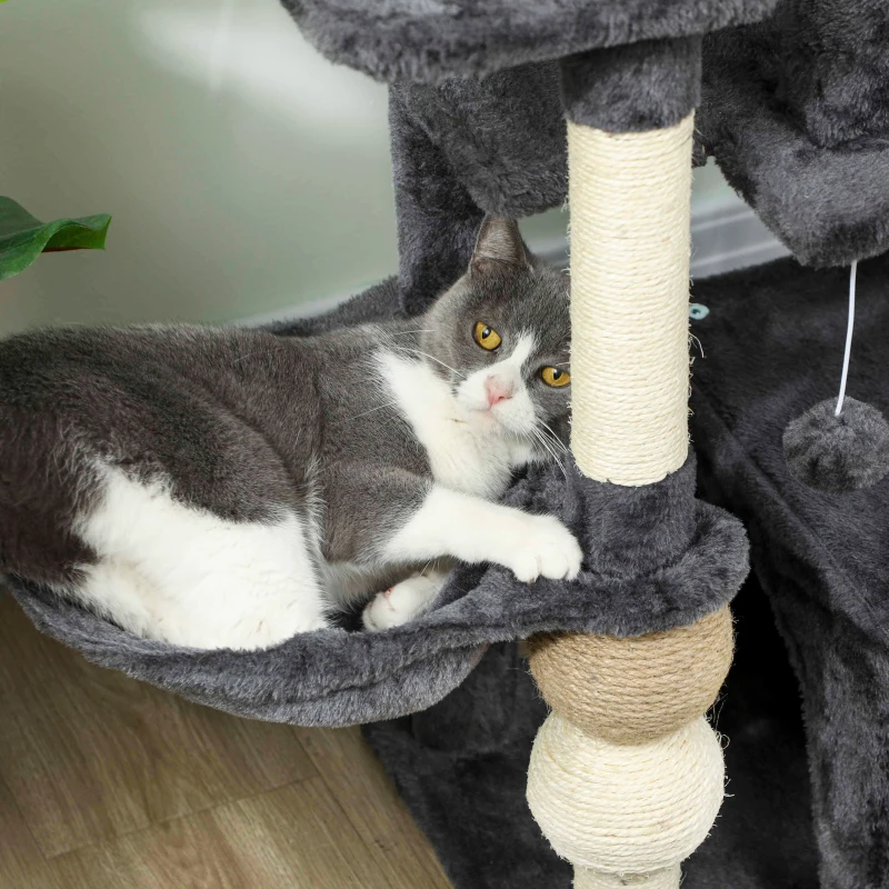 PawHut Cat Tower, 42" Multi-Level Cat Tree with Padded Plush Perch, Hammock, 2 Door Condos, Scratching Posts, Toy Balls