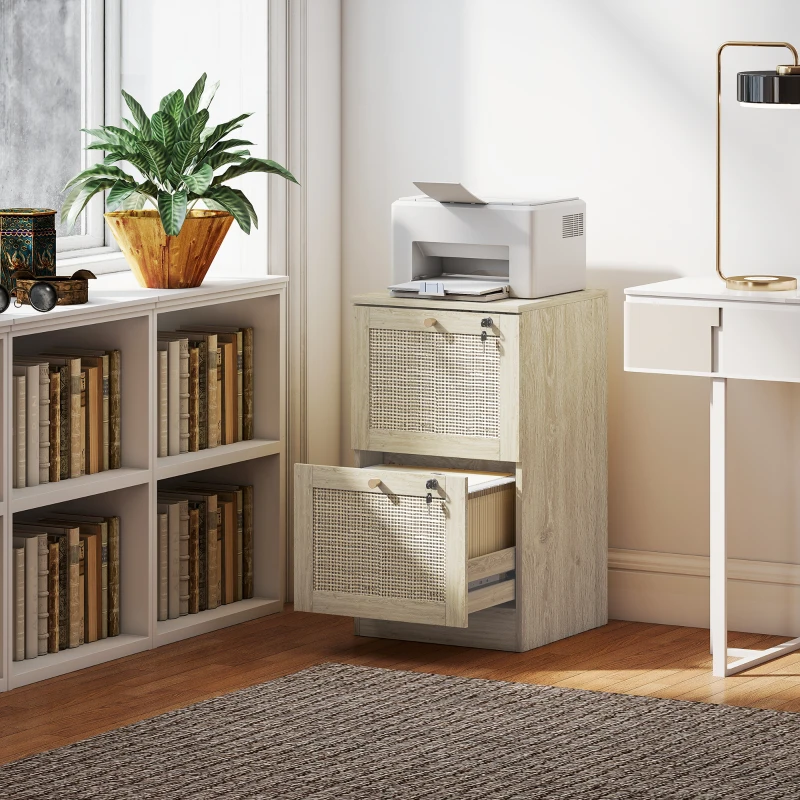 HOMCOM 2 Drawer Filing Cabinet with Lock, Boho File Cabinet for A4 Letter Size Files with Decorative Rattan Accents, Oak