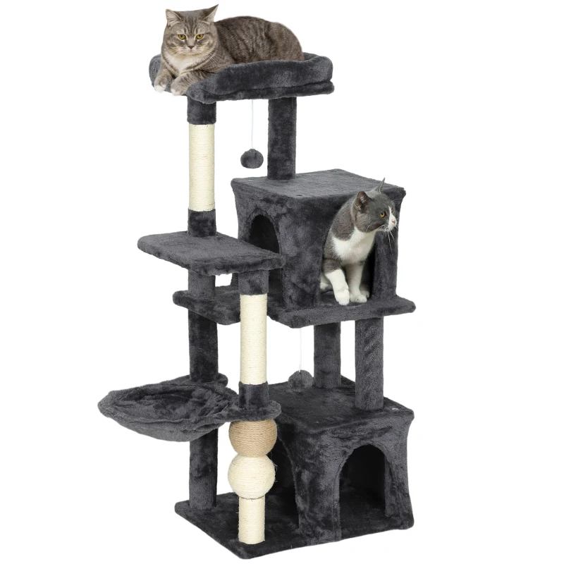 PawHut Cat Tower, 42" Multi-Level Cat Tree with Padded Plush Perch, Hammock, 2 Door Condos, Scratching Posts, Toy Balls