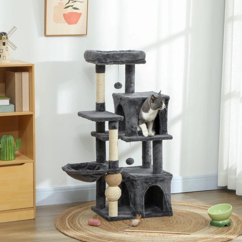 PawHut Cat Tower, 42" Multi-Level Cat Tree with Padded Plush Perch, Hammock, 2 Door Condos, Scratching Posts, Toy Balls