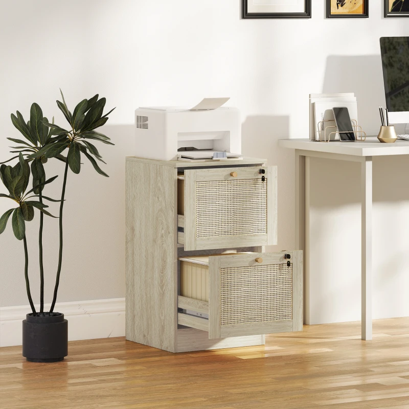 HOMCOM 2 Drawer Filing Cabinet with Lock, Boho File Cabinet for A4 Letter Size Files with Decorative Rattan Accents, Oak