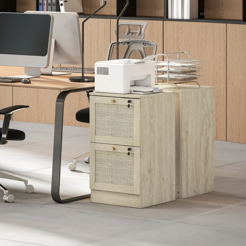 HOMCOM 2 Drawer Filing Cabinet with Lock, Boho File Cabinet for A4 Letter Size Files with Decorative Rattan Accents, Oak