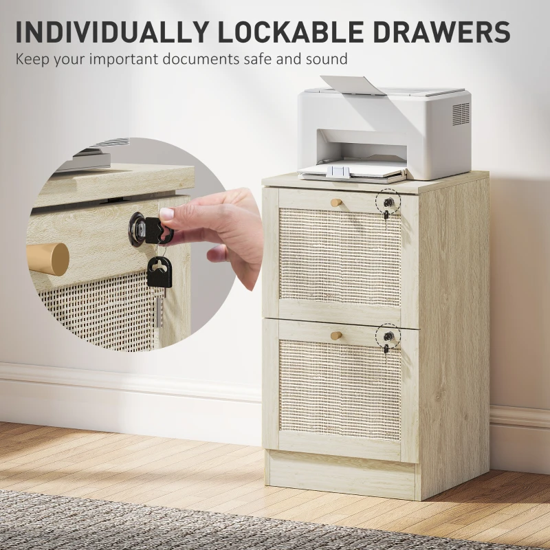 HOMCOM 2 Drawer Filing Cabinet with Lock, Boho File Cabinet for A4 Letter Size Files with Decorative Rattan Accents, Oak