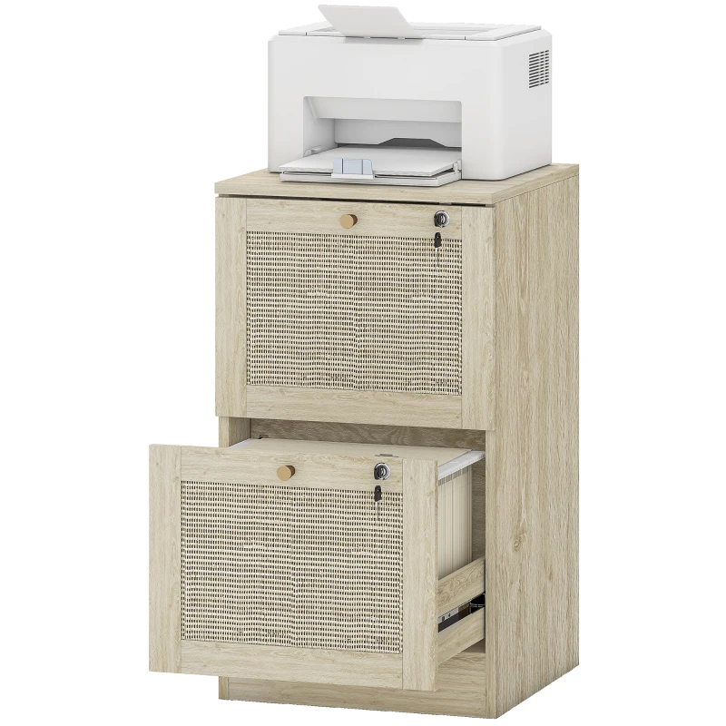 HOMCOM 2 Drawer Filing Cabinet with Lock, Boho File Cabinet for A4 Letter Size Files with Decorative Rattan Accents, Oak