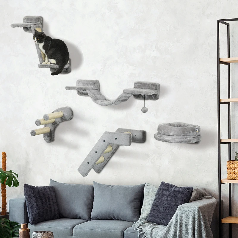PawHut 5PCs Cat Wall Shelves with Scratching Post, Ladder, Cat Bed, Jumping Platform, Perches, Toy Ball, Step