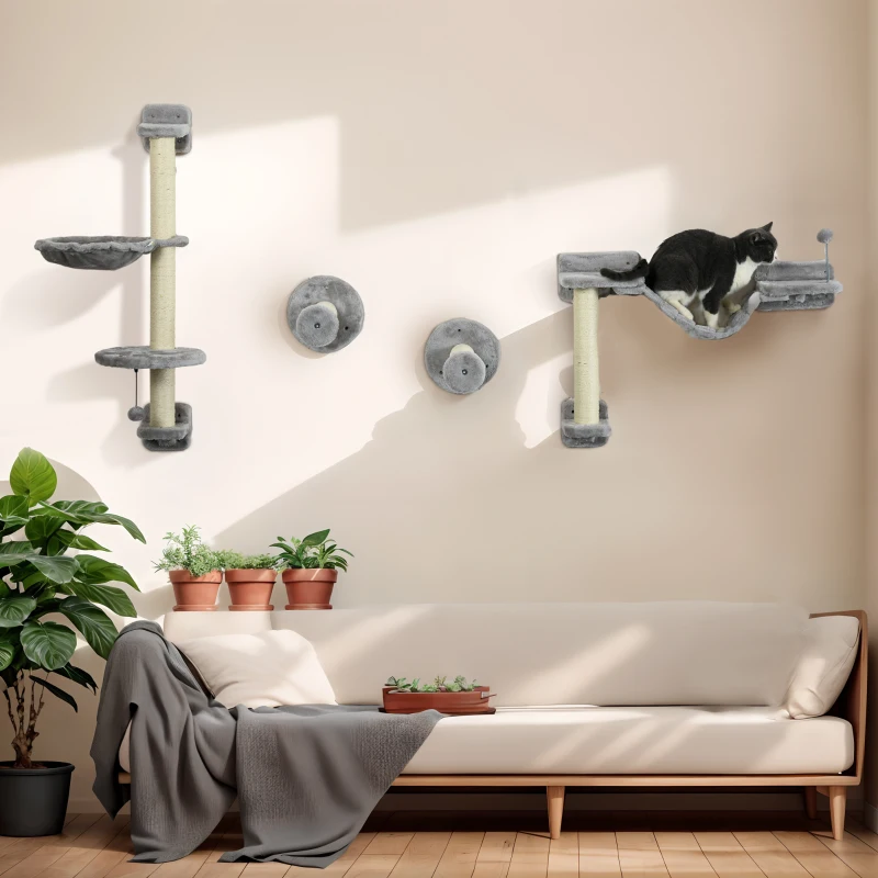 PawHut 4PCs Cat Wall Shelves with Hammock, Scratching Post, Ladder, Steps, Platforms, Toy Balls, Grey