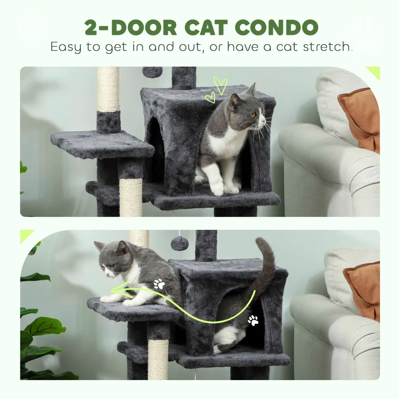 PawHut Cat Tower, 42" Multi-Level Cat Tree with Padded Plush Perch, Hammock, 2 Door Condos, Scratching Posts, Toy Balls