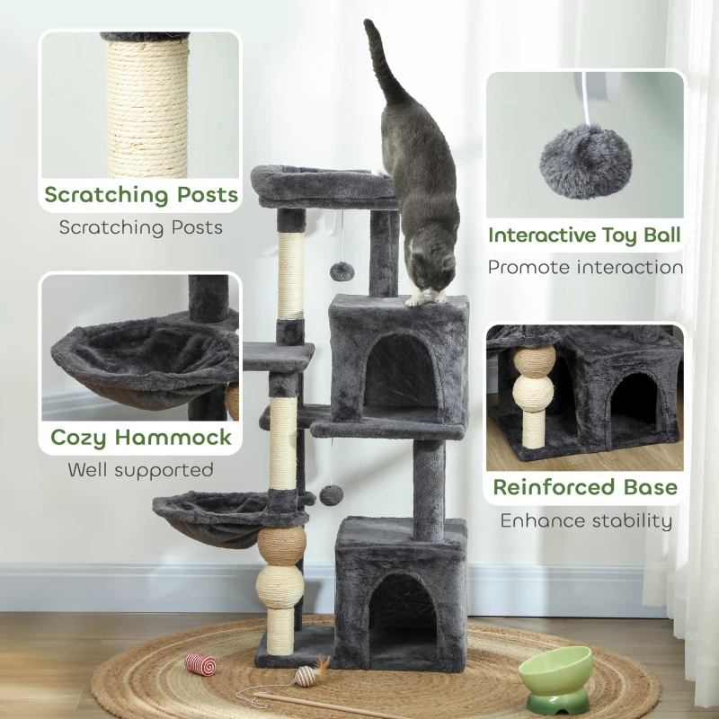 PawHut Cat Tower, 42" Multi-Level Cat Tree with Padded Plush Perch, Hammock, 2 Door Condos, Scratching Posts, Toy Balls