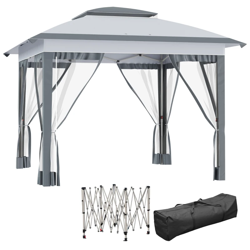 Outsunny 12' x 12' Pop Up Canopy Tent with Netting and Carry Bag, Instant Sun Shelter with 137 sq.ft Shade, Tents for Parties, Height Adjustable, for Outdoor, Garden, Patio, Gray