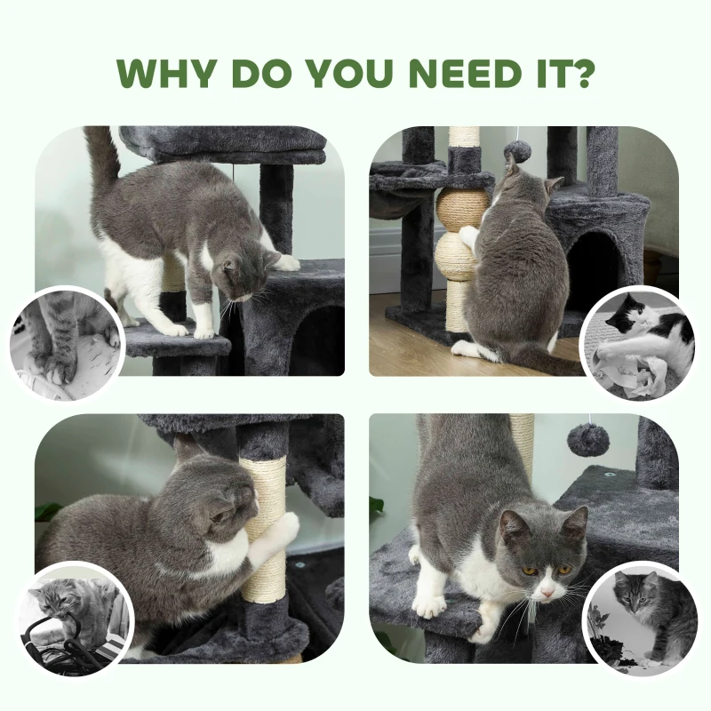 PawHut Cat Tower, 42" Multi-Level Cat Tree with Padded Plush Perch, Hammock, 2 Door Condos, Scratching Posts, Toy Balls