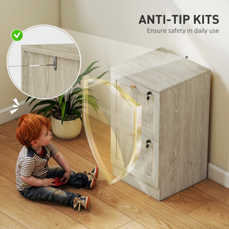 HOMCOM 2 Drawer Filing Cabinet with Lock, Boho File Cabinet for A4 Letter Size Files with Decorative Rattan Accents, Oak