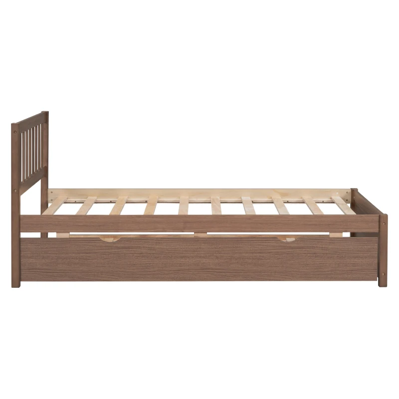 Modern Wooden Twin Size Platform Bed Frame with Trundle, Space-Saving Design, Rubber Wood Construction, 79.5" L x 42" W x 35.5" H, Walnut