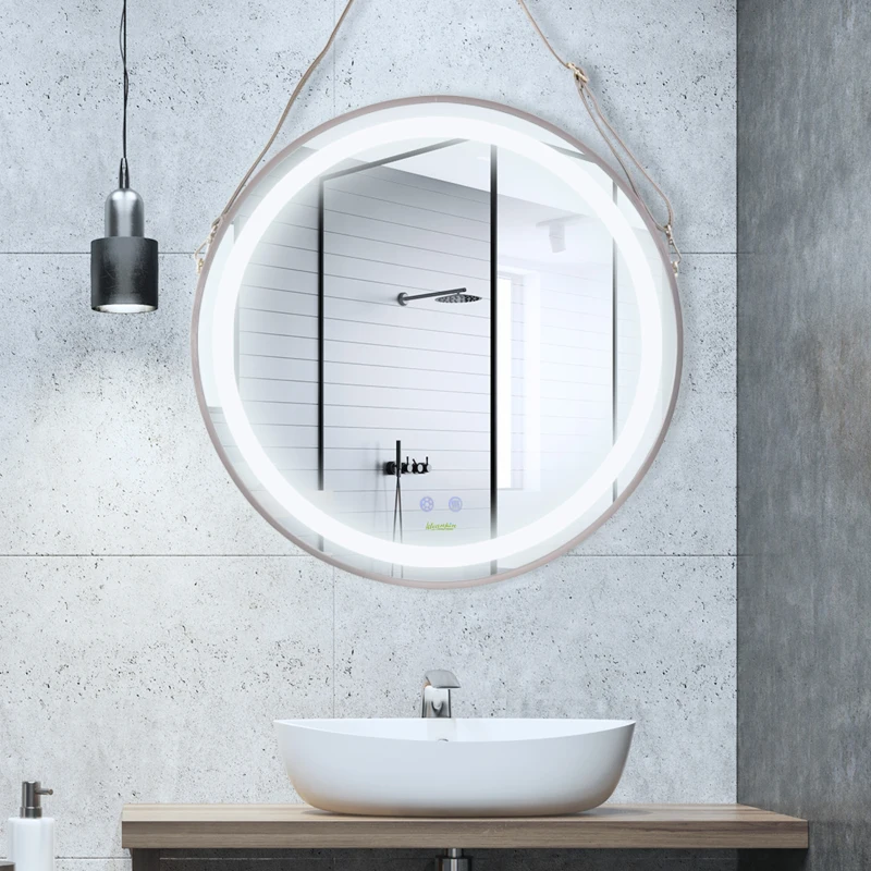 kleankin 24'' Round Led Bathroom Mirror, Dimmable Anti Fog Wall-Mounted Mirror with 3 Temperature Colors, Plug-in, Rose Gold