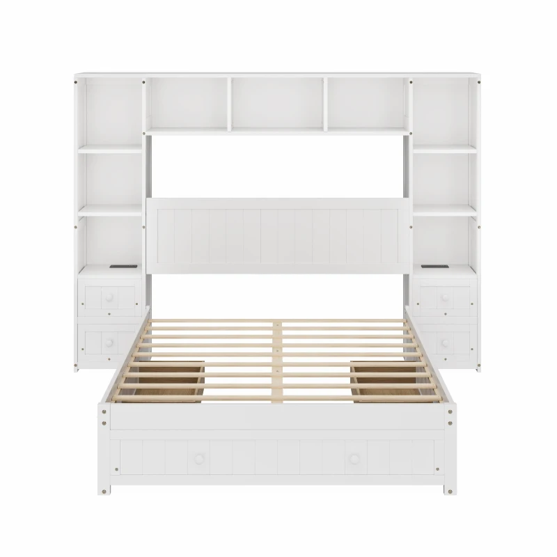 Full Size Pine Wood Platform Bed with Nightstands, Storage Shelf, Cabinet, Captain Bed Frame with Drawers, 91" L x 87" W x 63.5" H, White