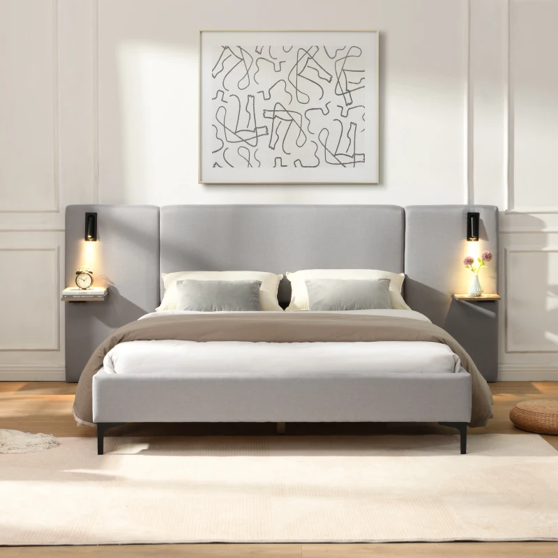 Queen Size Linen Upholstered Bed with Shelves, Integrated Lights, Chic Bed Frame with Durable Iron Legs, 86" L x 110" W x 41" H, Grey
