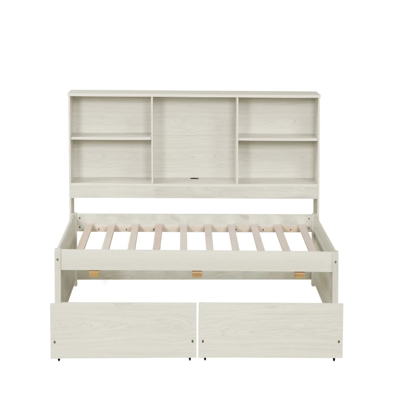 Twin Size Bed Frame with Side Bookshelves, Built-in USB Port, Type C Ports, Two Drawers for Extra Storage, 81" L x 50" W x 41" H, White