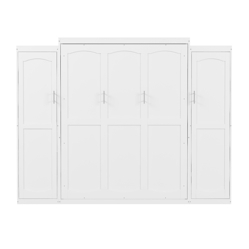 Full Size Murphy Bed with 2 Wardrobes and Storage Shelf, Multifunctional Foldable Platform Bedframe for Guest Room, 83" L x 104" W x 82.5" H, White