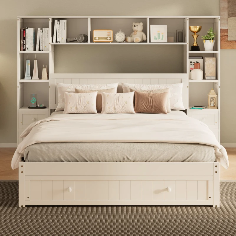 Queen Size Pine Wood Platform Bed with 2 Nightstands, Storage Shelf, Captain Bed Frame with 3 Drawers, 96" L x 93.5" W x 63.5" H, White