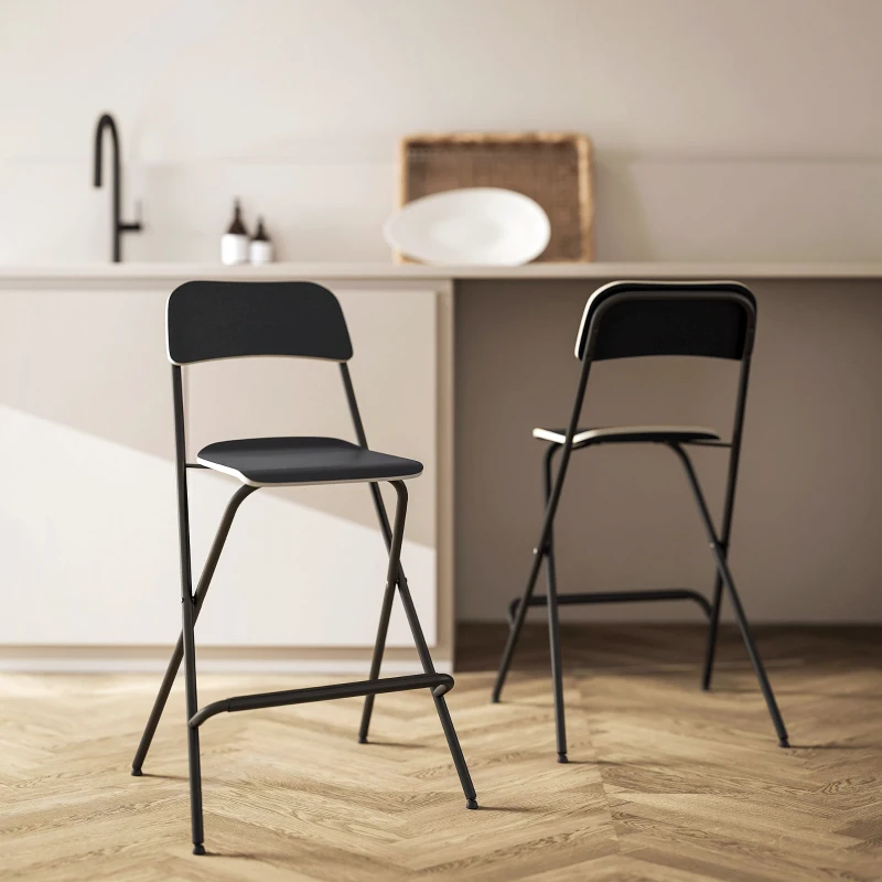 HOMCOM Folding Bar Stools Set of 2, Counter Height Foldable Stool with Wooden Effect Seat and Steel Frame for Kitchen, Black