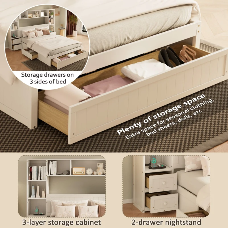 Full Size Pine Wood Platform Bed with Nightstands, Storage Shelf, Cabinet, Captain Bed Frame with Drawers, 91" L x 87" W x 63.5" H, White