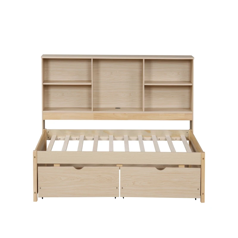 Twin Size Bed Frame with Side Bookshelves, Two Drawers, Built-in USB Port, and Adjustable Shelves, 81" L x 50" W x 41" H, Natural