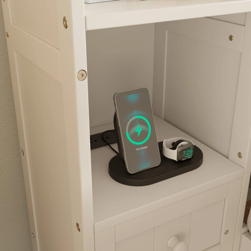 Full Size Pine Wood Platform Bed with Nightstands, Storage Shelf, Cabinet, Captain Bed Frame with Drawers, 91" L x 87" W x 63.5" H, White