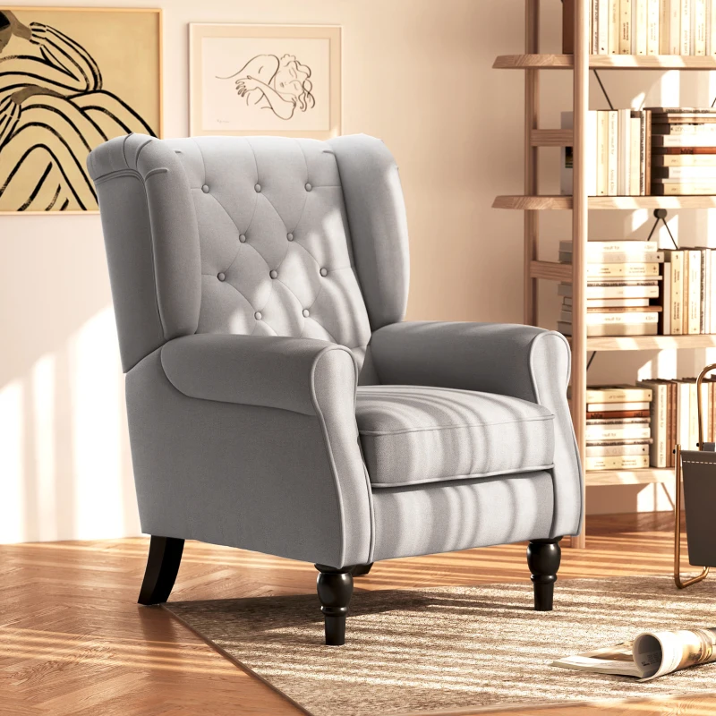 HOMCOM Fabric Accent Chair, Button Tufted Armchair, Upholstered Modern Living Room Chair, Wingback Chair with Wood Legs, Rolled Arms, Thick Padding for Bedroom, Grey
