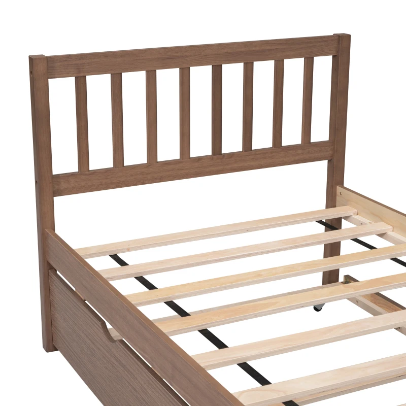 Modern Wooden Twin Size Platform Bed Frame with Trundle, Space-Saving Design, Rubber Wood Construction, 79.5" L x 42" W x 35.5" H, Walnut