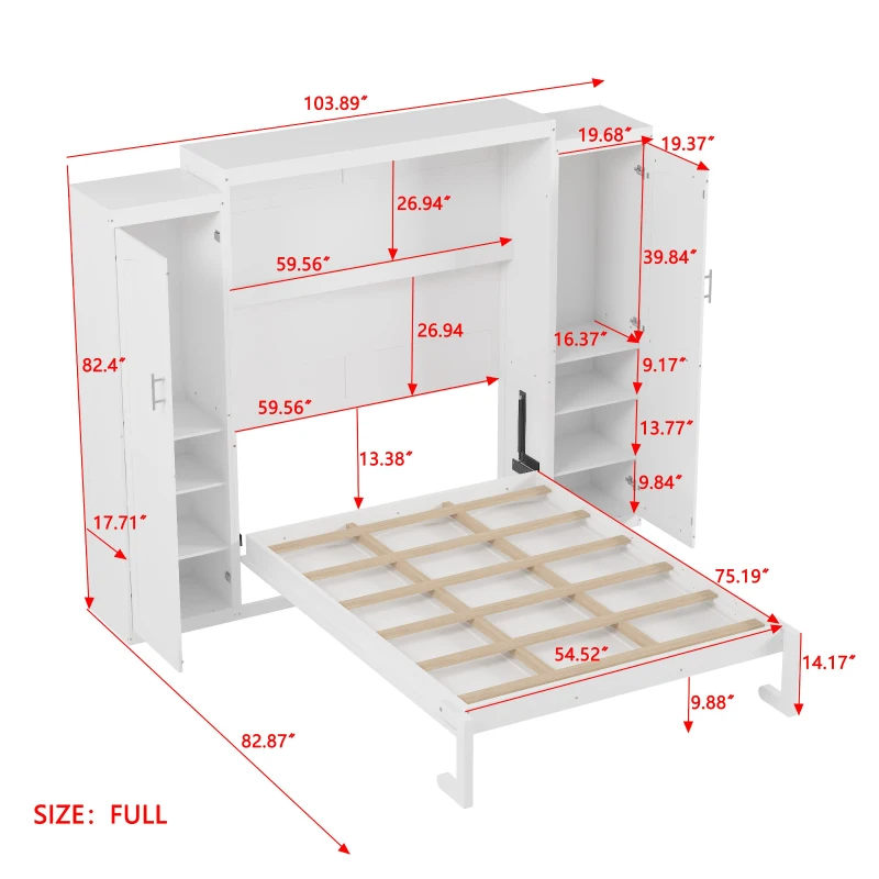 Full Size Murphy Bed with 2 Wardrobes and Storage Shelf, Multifunctional Foldable Platform Bedframe for Guest Room, 83" L x 104" W x 82.5" H, White