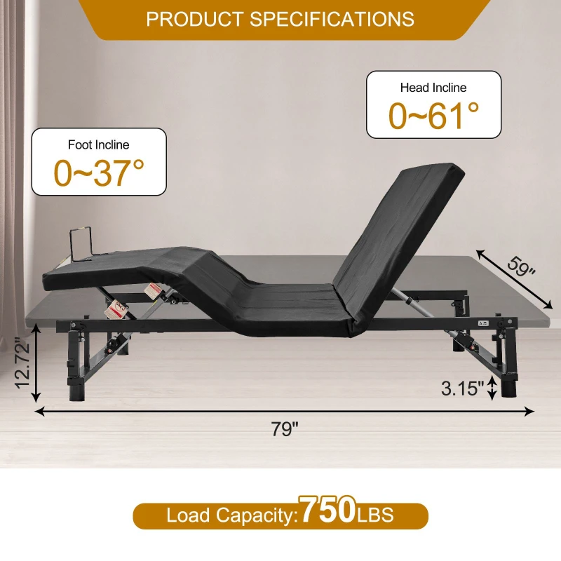 Adjustable Queen Bed Base Frame with Head and Foot Incline, Wireless Remote, Zero Gravity Quiet Motor, 79" L x 59" W x 13" H, Black