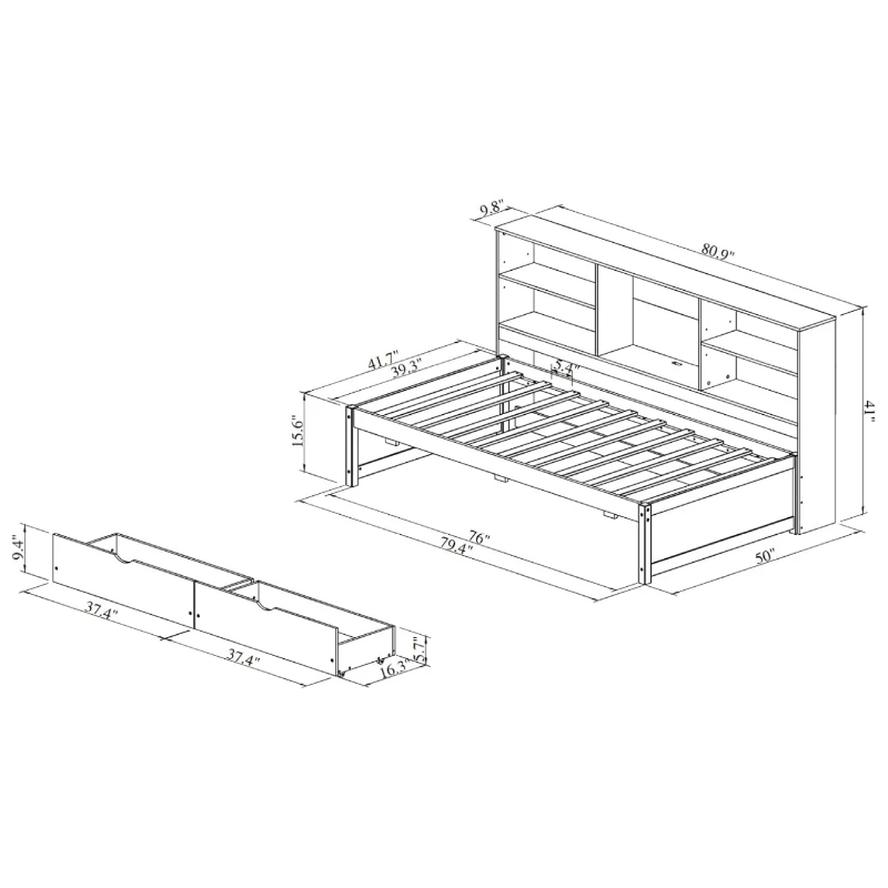 Twin Size Bed Frame with Side Bookshelves, Built-in USB Port, Type C Ports, Two Drawers for Extra Storage, 81" L x 50" W x 41" H, White