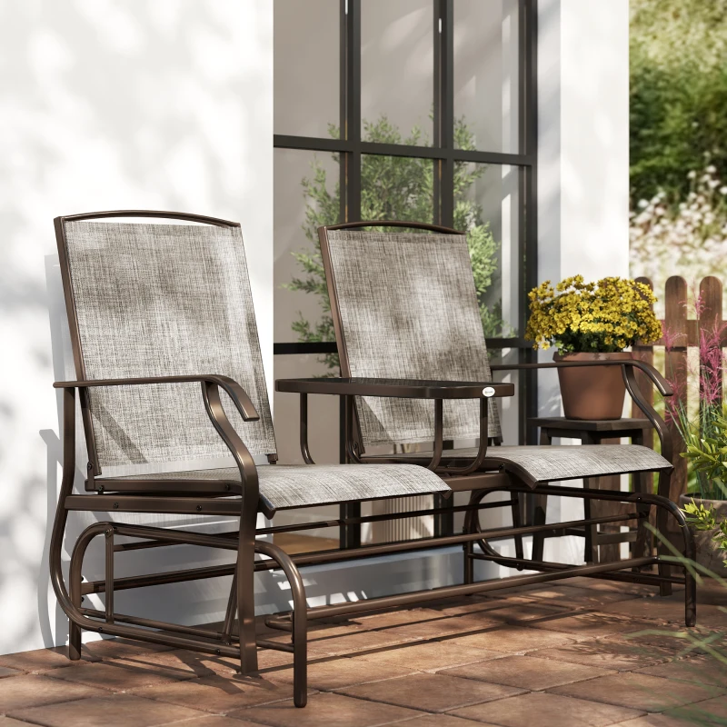 Outsunny Patio Glider Rocking Chair 2 Person Outdoor Loveseat Rocker Garden Furniture Bench, Flaxen