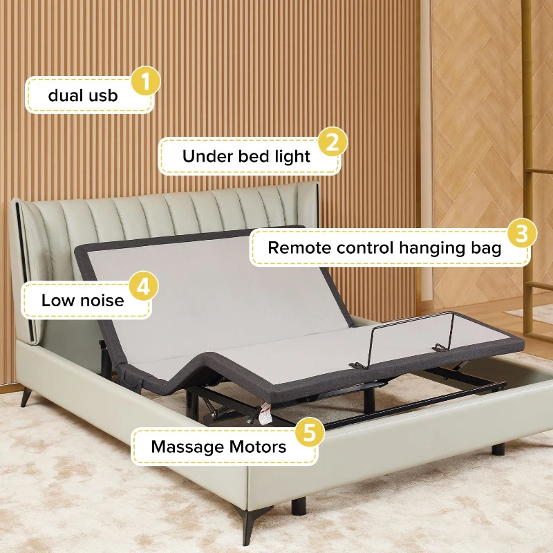 Ergonomic Queen Size Adjustable Bed with Massage, Zero Gravity Base, Wireless Remote, Under-Bed Nightlight, 79.5" L x 59.5" W x 12" H, Grey