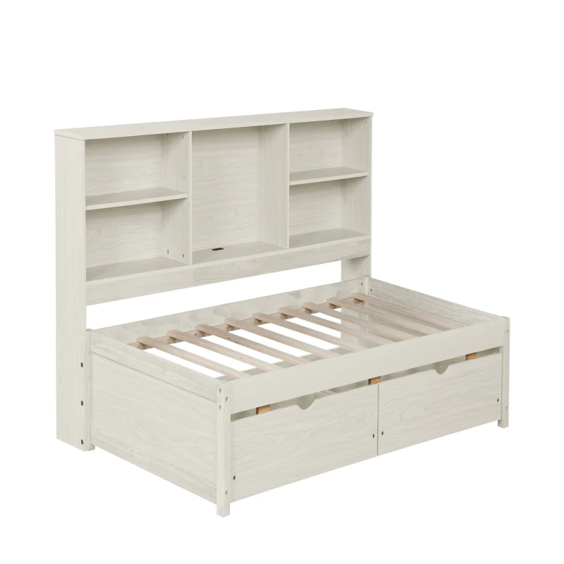 Twin Size Bed Frame with Side Bookshelves, Built-in USB Port, Type C Ports, Two Drawers for Extra Storage, 81" L x 50" W x 41" H, White