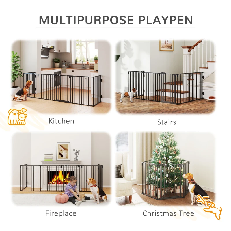 PawHut Dog Safety Gate 6-Panel Playpen Fireplace Christmas Tree Steel Fence Stair Barrier Room Divider Black