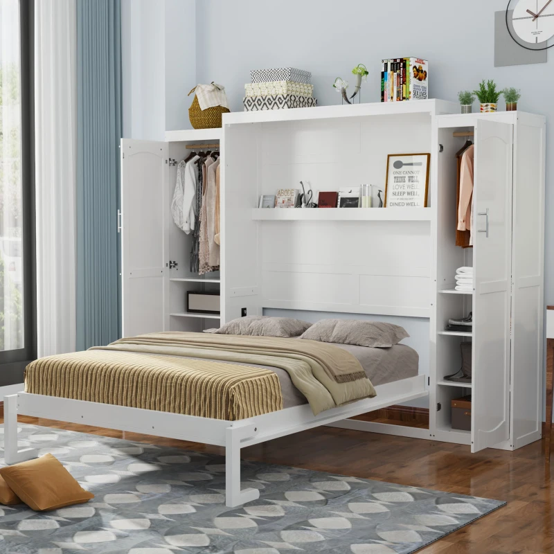 Queen Size Murphy Bed with 2 Wardrobes and Storage Shelf, Multifunctional Foldable Platform Bedframe, 89" L x 110.5" W x 88.5" H, White