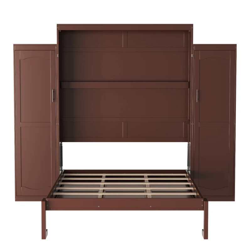 Queen Size Murphy Bed with 2 Wardrobes, Foldable Platform Bed Frame with Storage Shelf, 89" L x 110.5" W x 88.5" H, Walnut