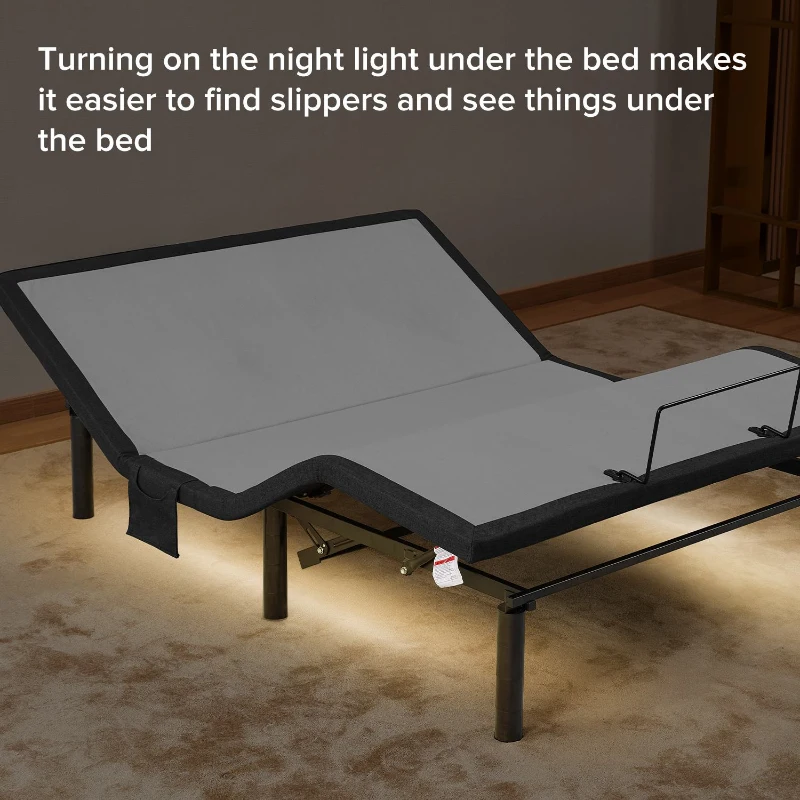 Ergonomic Queen Size Adjustable Bed with Massage, Zero Gravity Base, Wireless Remote, Under-Bed Nightlight, 79.5" L x 59.5" W x 12" H, Grey