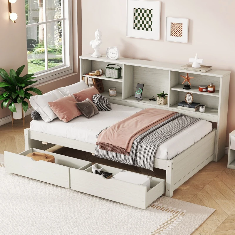 Twin Size Bed Frame with Side Bookshelves, Built-in USB Port, Type C Ports, Two Drawers for Extra Storage, 81" L x 50" W x 41" H, White