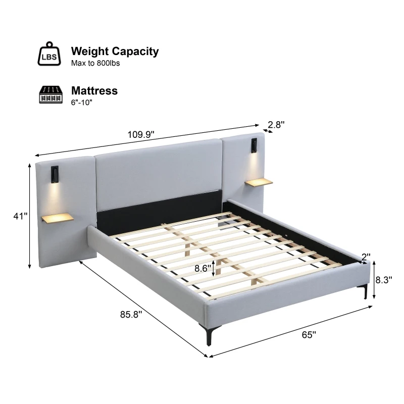Queen Size Linen Upholstered Bed with Shelves, Integrated Lights, Chic Bed Frame with Durable Iron Legs, 86" L x 110" W x 41" H, Grey