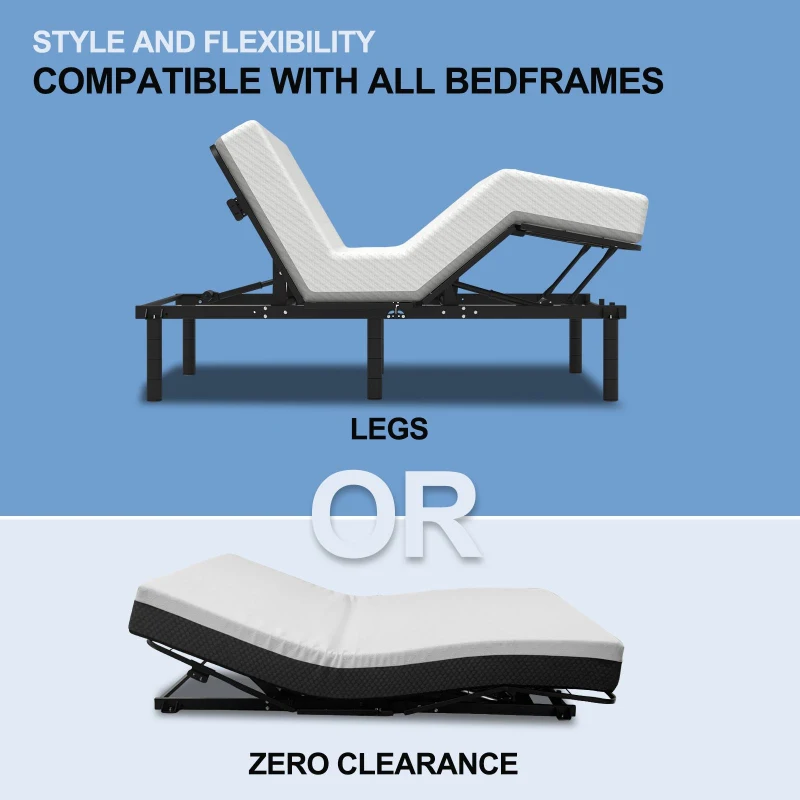 Queen Size Zero-Clearance Adjustable Bed Base with Head and Foot Incline, Quiet Motor, Dual USB A+C Ports, 79" L x 59" W x 15" H, Black
