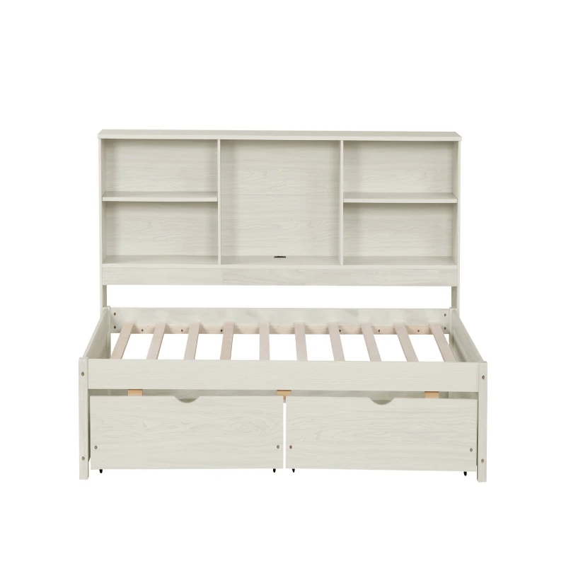 Twin Size Bed Frame with Side Bookshelves, Built-in USB Port, Type C Ports, Two Drawers for Extra Storage, 81" L x 50" W x 41" H, White