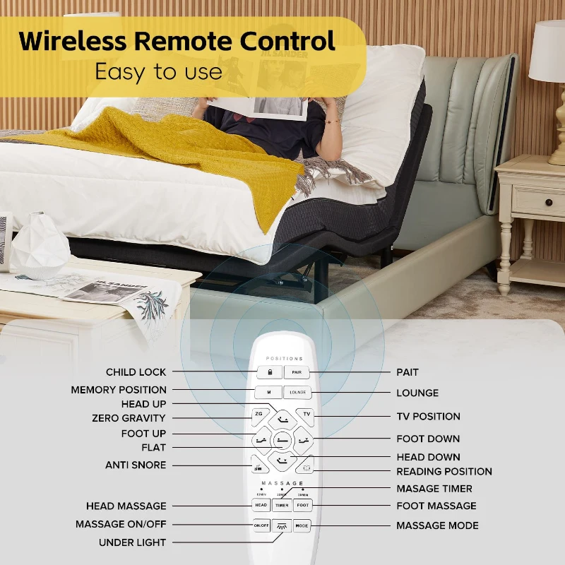 Ergonomic Queen Size Adjustable Bed with Massage, Zero Gravity Base, Wireless Remote, Under-Bed Nightlight, 79.5" L x 59.5" W x 12" H, Grey